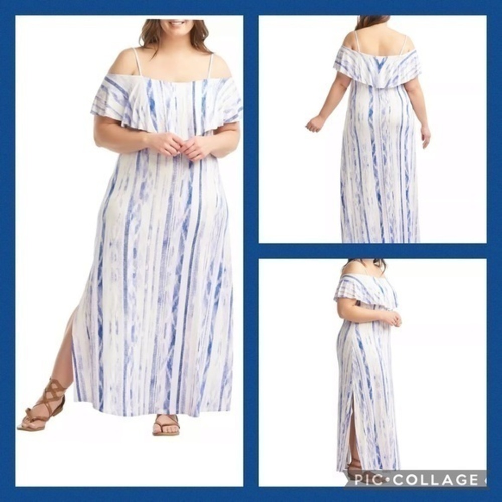 NWT Lemon Tart Blue & White Off Shoulder Stretchy Maxi Casual Vacation Dress S